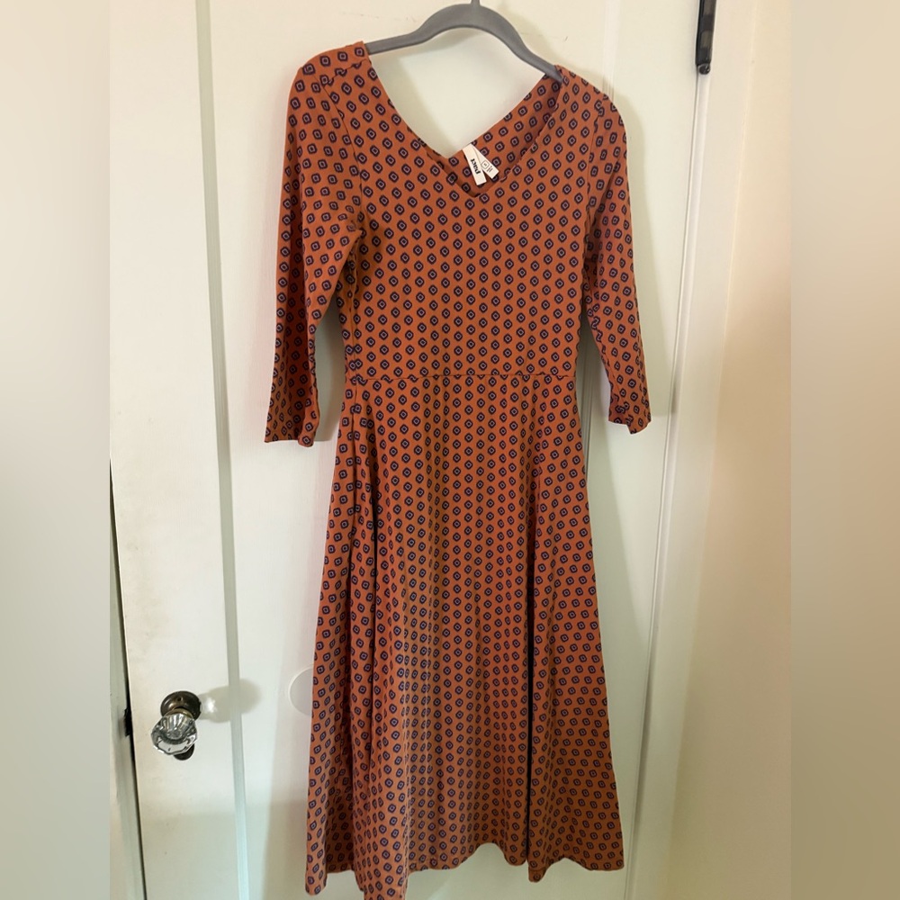 Pact Orange and Black Geometric Fit and Flare 3/4 Sleeve Dress